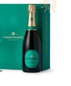 Kerstwijnpakket 5-26, Champagne Canard Duchène Brut in luxe kerst giftbox met 2 glazen